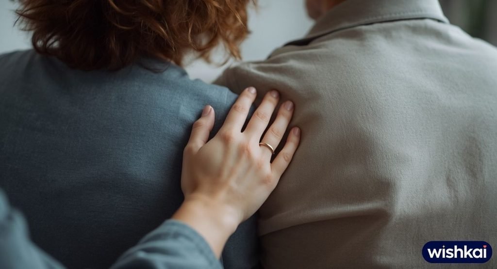 Partner comforting loved one with a supportive happy Friday my love message